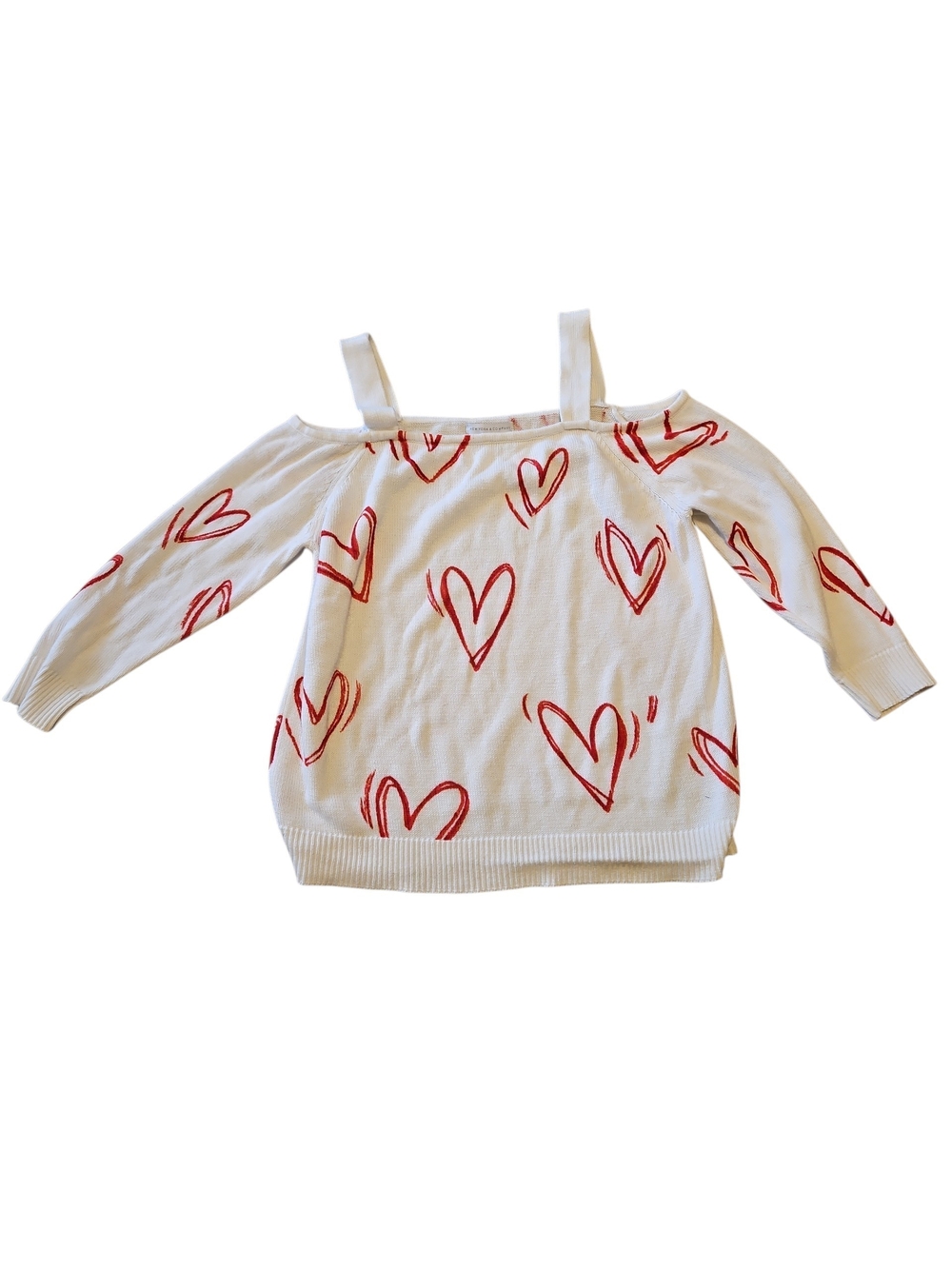 New York & Company Size Medium White Cold-Shoulder Sweater with Red Heart Print